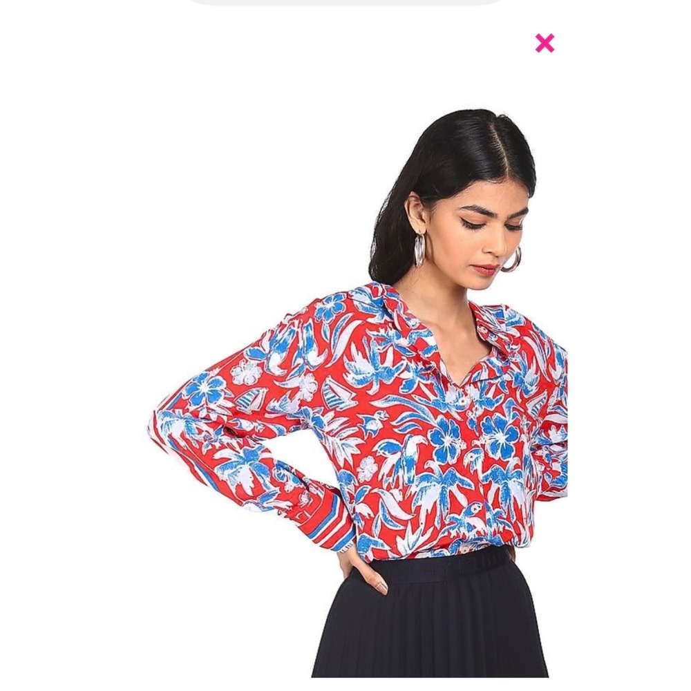 Tommy Hilfiger Button Down Tropical Floral Print,‎ Womens Small Red Blue